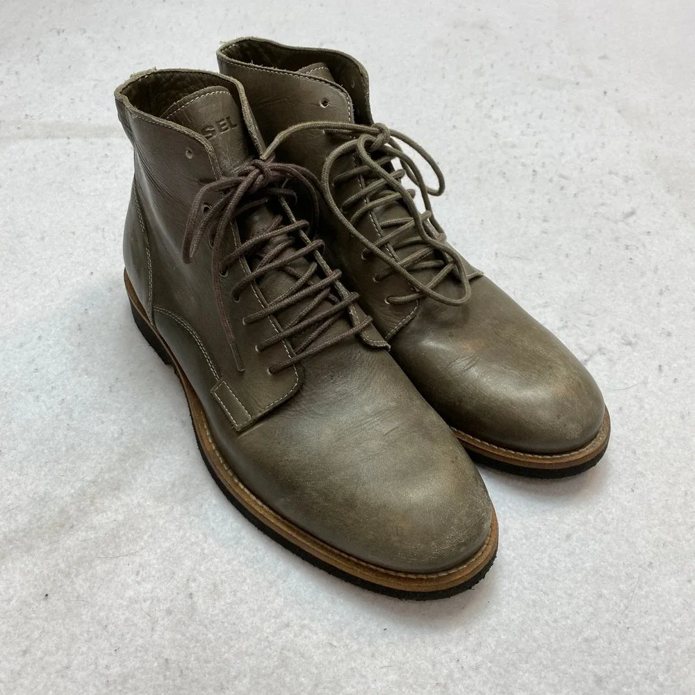 Diesel Leather Lace Up Boots Mens 43 Olive Green Distressed Combat Lug Sole